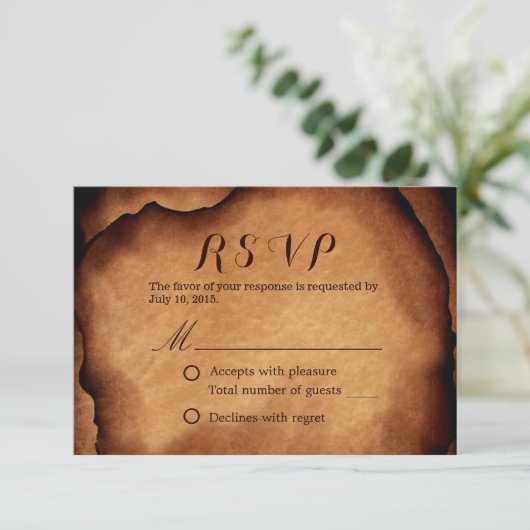 Vintages altgebranntes Papier Hochzeit RSVP (Stehend Vorderseite)