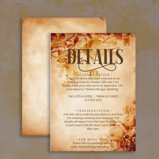 Vintages Altpapier mit Rose Hochzeitsdetails Begleitkarte