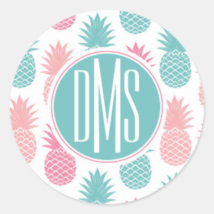 Vintages Ananas-Muster Monogramm Runder Aufkleber