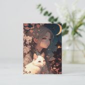 Vintages Anime-Girl mit Katze Postkarte (Stehend Vorderseite)