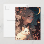 Vintages Anime-Girl mit Katze Postkarte (Vorne/Hinten)