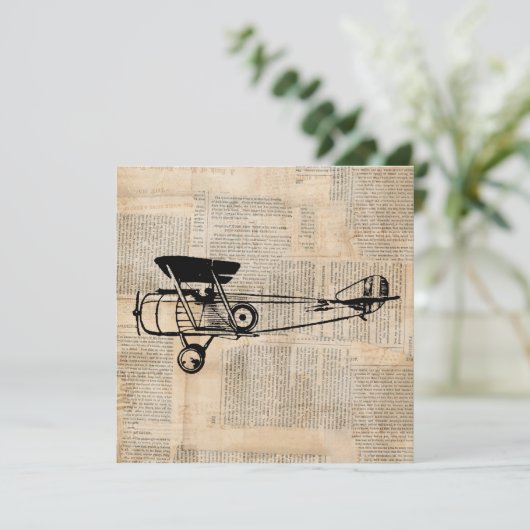 Vintages antikes Flugzeug in Zeitungsschrift Einladung (Stehend Vorderseite)