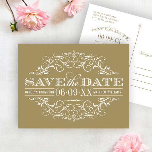 Vintages antikes Gold Save the Date Geblüht Ankündigungspostkarte