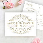Vintages antikes goldenes Weiß Geblüht Save the Da Date<br><div class="desc">Dekorative Wirbel und Schnörkel umrahmen dieses Vintage inspirierte Hochzeitsgeschenk und sparen das Design der Dattelkarte. Das Farbschema ist weiß und antik.</div>