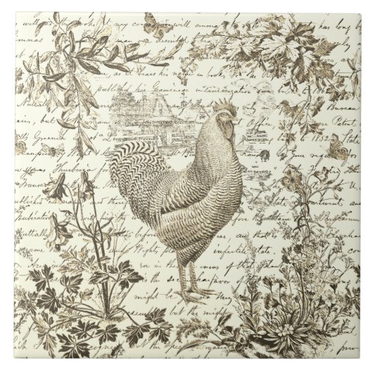 Vintages antikes Rooster Beige Toile Blumenbild Fliese (Vorderseite)