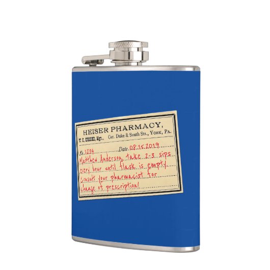 Vintages Apothekenetikett mit dem Verschreibungste Flachmann (Links)