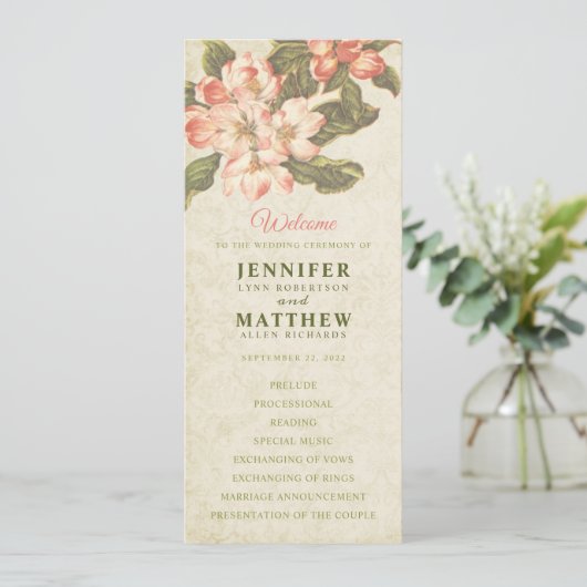 Vintages Apple Blossom-Hochzeitsprogramm Einladung (Stehend Vorderseite)