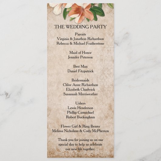 Vintages Apricot Lilies Hochzeitsprogramm Programm (Rückseite)