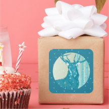 Vintages Aqua Aquamarin Buck Deer Birch Tree Snowf