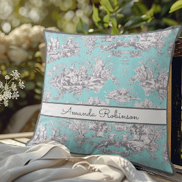 Vintages Aqua-Blue-Toile de jouy Monogram Kissen