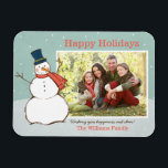 Vintages Aqua Winter Snowman Happy Holidays Foto Magnet<br><div class="desc">Das Foto-Magnet "Happy Holidays" zeichnet sich durch eine schneebedeckte Winterlandschaft mit fallenden Schneeflocken und einen glücklichen Schneemann aus,  der in einem Hut und Schal gekleidet ist. Personalisieren Sie mit Ihrem Foto und kundenspezifischen Gruß. Vintages Aqua-Blau / Grün,  Orange / Rot und Weiß-Design mit marineblau und braun Akzenten Farben.</div>