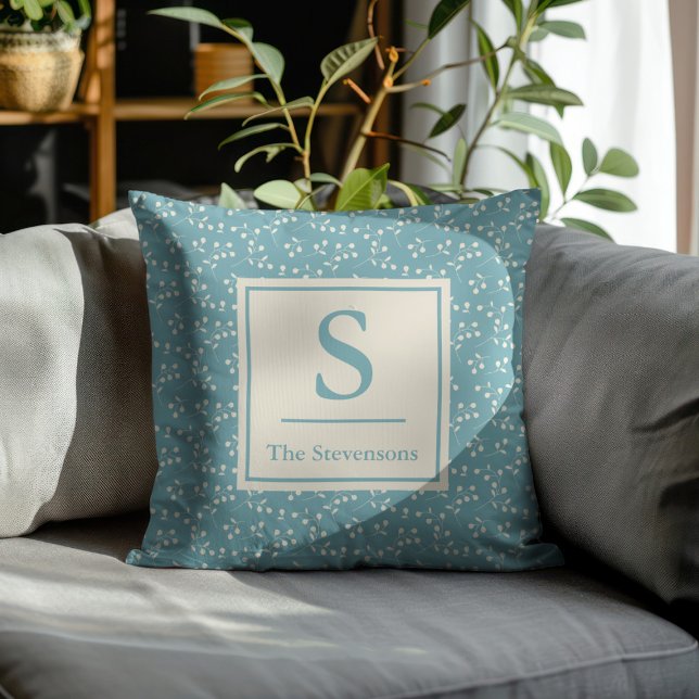 Vintages Aquamarin-Blaues Botanisches Monogramm ku Kissen (Von Creator hochgeladen)