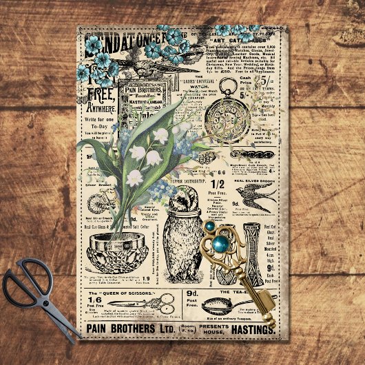 Vintages Aquamarines blaues Floral Ephemerapier Seidenpapier