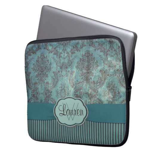 Vintages aquamarines Damastmonogramm Laptopschutzhülle (Vorderseite Links)