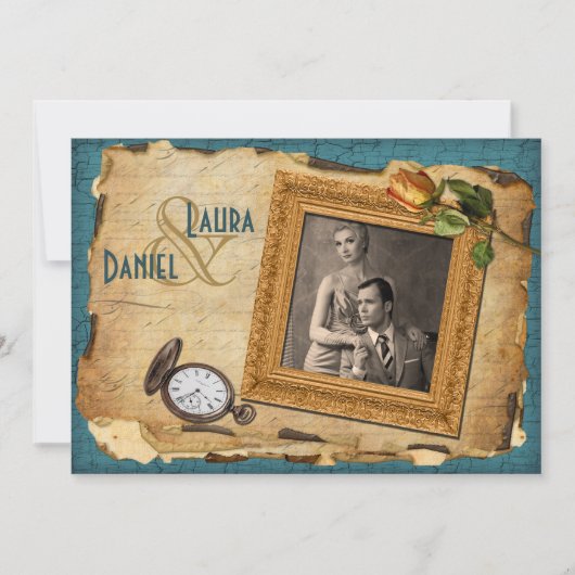 Vintages Aquamarines Gold Frame Foto Hochzeitsempf Einladung (Vorderseite)