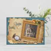 Vintages Aquamarines Gold Frame Foto Hochzeitsempf Einladung (Stehend Vorderseite)