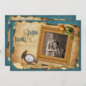 Vintages Aquamarines Gold Frame Foto Hochzeitsempf Einladung (Vorne/Hinten)