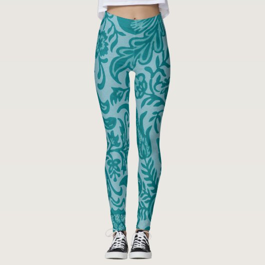 Vintages Aquamarines Grünes Blumenmuster Leggings (Vorderseite)