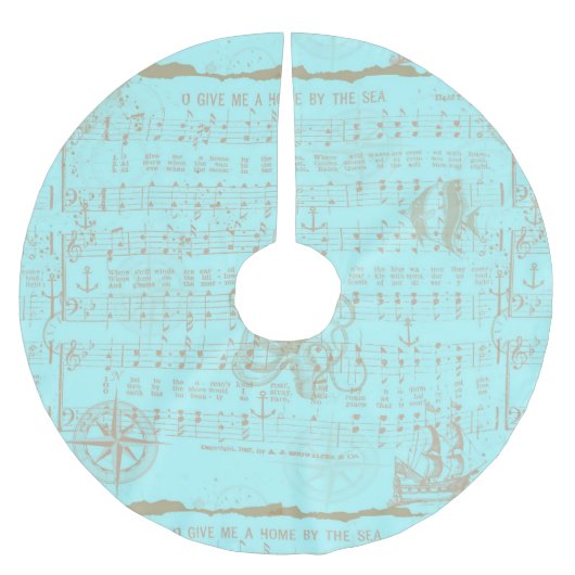 Vintages aquamarines musikalisches nautischblatt polyester weihnachtsbaumdecke (Vorderseite)