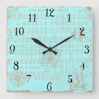 Vintages Aquamarines Nautical-Musical-Blatt Quadratische Wanduhr