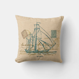Vintages Aquamarines Segelschiff Nautical Pillow Kissen