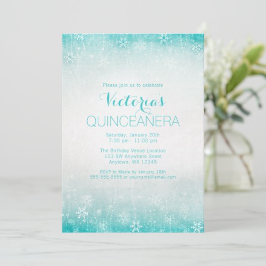 Vintages Aquamarines Winterwonderland Quinceanera Einladung (Stehend Vorderseite)