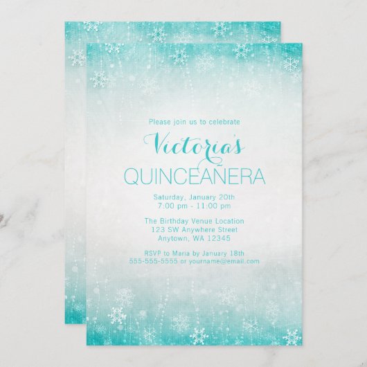 Vintages Aquamarines Winterwonderland Quinceanera Einladung (Vorne/Hinten)