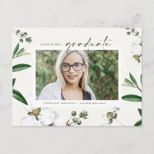 Vintages Aquarell Weiße Blume Foto Abschluss Einladungspostkarte (Vorderseite)