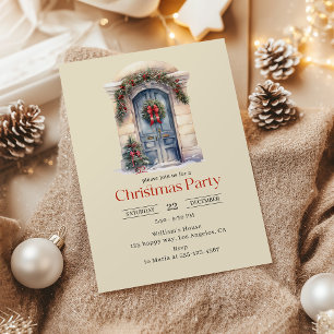 Vintages Aquarellblau Tür Weihnachtsfest Party Einladung
