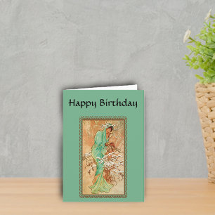 Vintages Art Deco Lady Green Golden Tree Geburtsta Karte