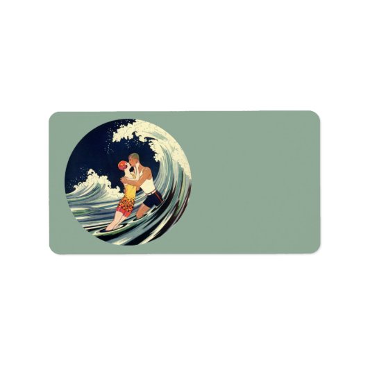 Vintages Art Déco, Liebhaber Kiss am Strand Adressaufkleber (Vorne)