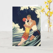 Vintages Art Déco, Liebhaber Kiss am Strand Karte (Gelbe Blume)