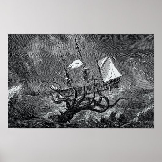Vintages Ätzen auf einem angreifenden Schiff Poster (Vorne)