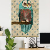 Vintages Azurblau und Blush Owl Art Poster (Heimbüro)