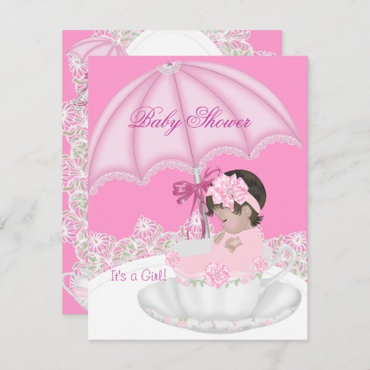 Vintages Baby Duschmädchen Pink Baby in Teacup Einladung (Vorne/Hinten)