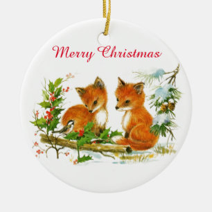 Vintages Baby Foxes Keramik Ornament