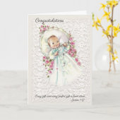 Vintages Baby Girl mit Rosary Pink Roses Karte (Gelbe Blume)