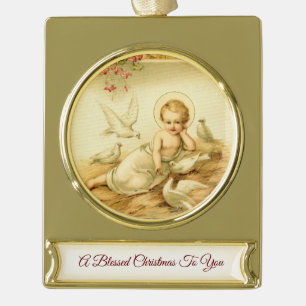 Vintages Baby Jesus mit Tauben Banner-Ornament Gold
