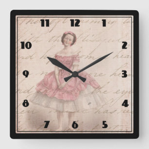 Vintages Ballerina-Mädchen in einem rosa Tutu Quadratische Wanduhr