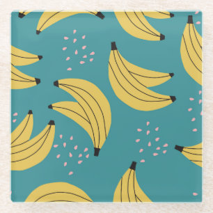 Vintages Bananenmuster, blauer Hintergrund. Glasuntersetzer