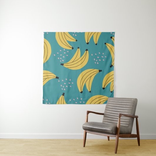 Vintages Bananenmuster, blauer Hintergrund. Wandteppich (Beispiel (Horizontal))