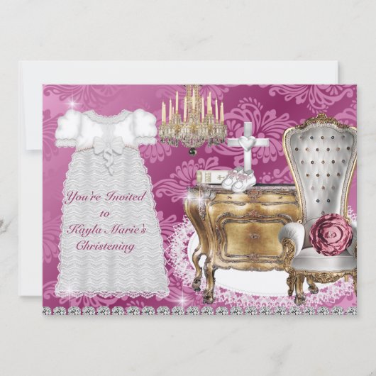 Vintages BAPTISM-Einladung PINK DAMASK-DESIGN Einladung (Vorderseite)
