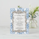 Vintages Barock Blau Weiße Blütensilber Details Einladung (Stehend Vorderseite)