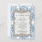 Vintages Barock Blau Weiße Blütensilber Details Einladung (Vorderseite)