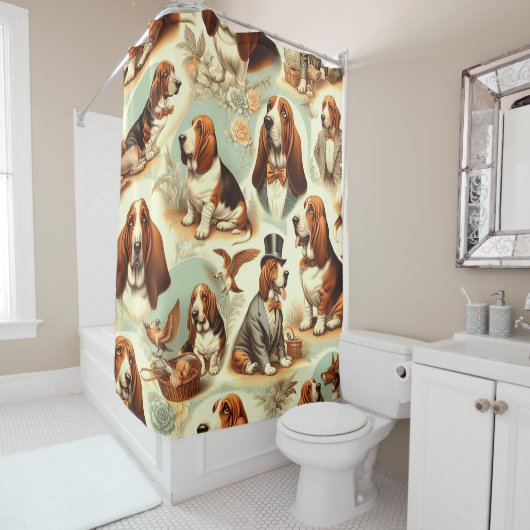 Vintages Basset Hound Nahtlose Illustration Duschvorhang (Beispiel)