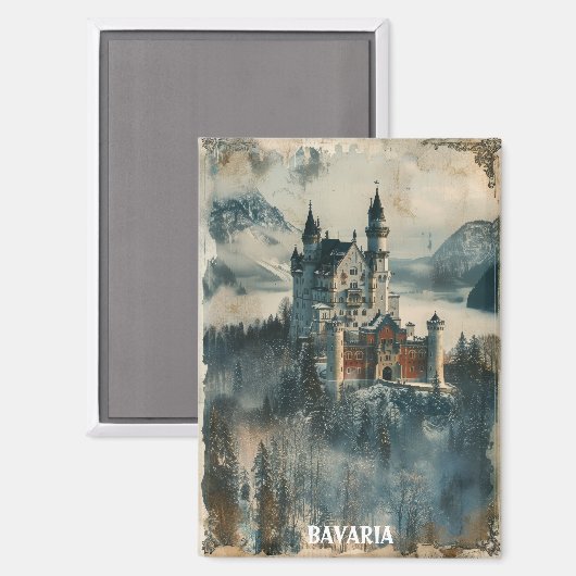 Vintages Bayern Neuschwanstein Burg Magnet (Vorderseite/Rückseite)