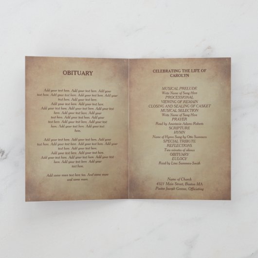 Vintages Beerdigungsprogramm für Red Poppies Programm (Innenseite)