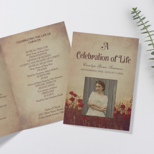 Vintages Beerdigungsprogramm für Red Poppies Programm