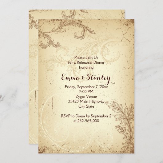Vintages Beige-Blätterblatt Probe Abendessen Einladung (Vorne/Hinten)