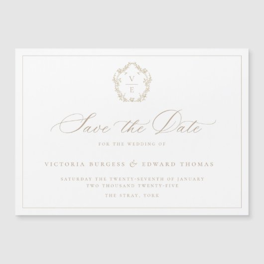 Vintages Beige Monogram-Wappen Save the Date Magnetkarte (Vorderseite)